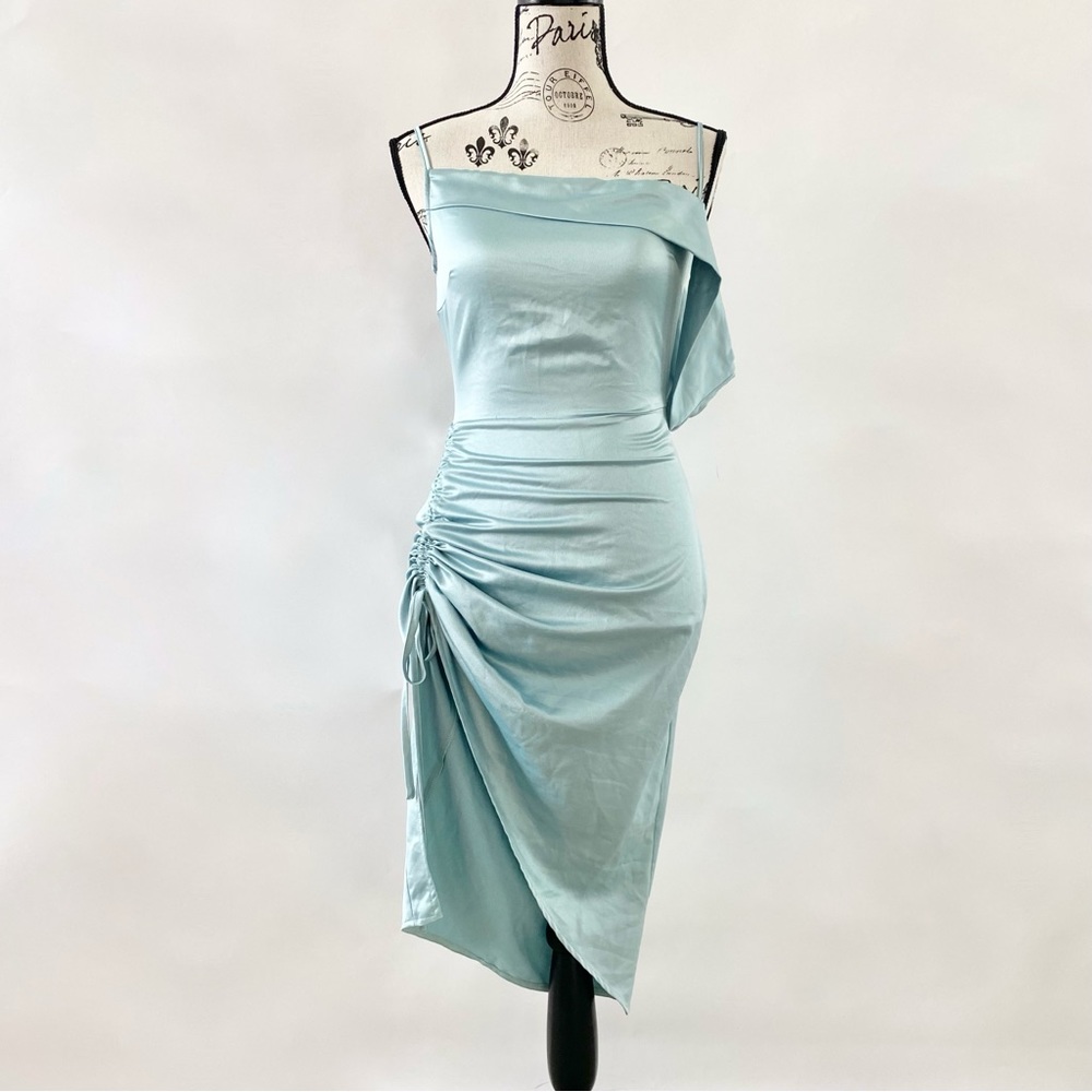 NWT Missguided Satin One Shoulder Asymmetric Ruched Side Midi Dress Blue 2 - Picture 3 of 16
